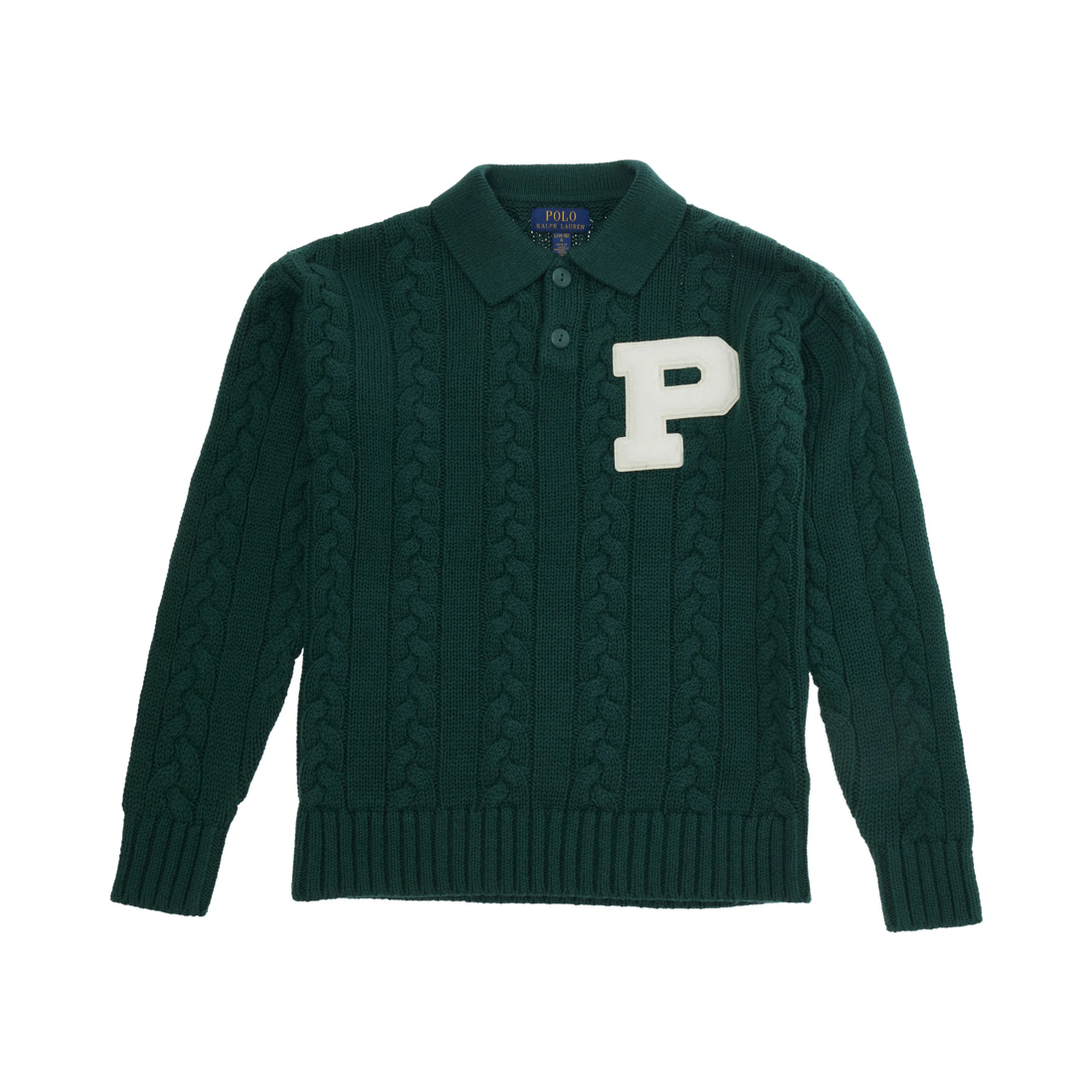 green Sweater with polo collar and embroidered logo on the front in cotton and wool boy