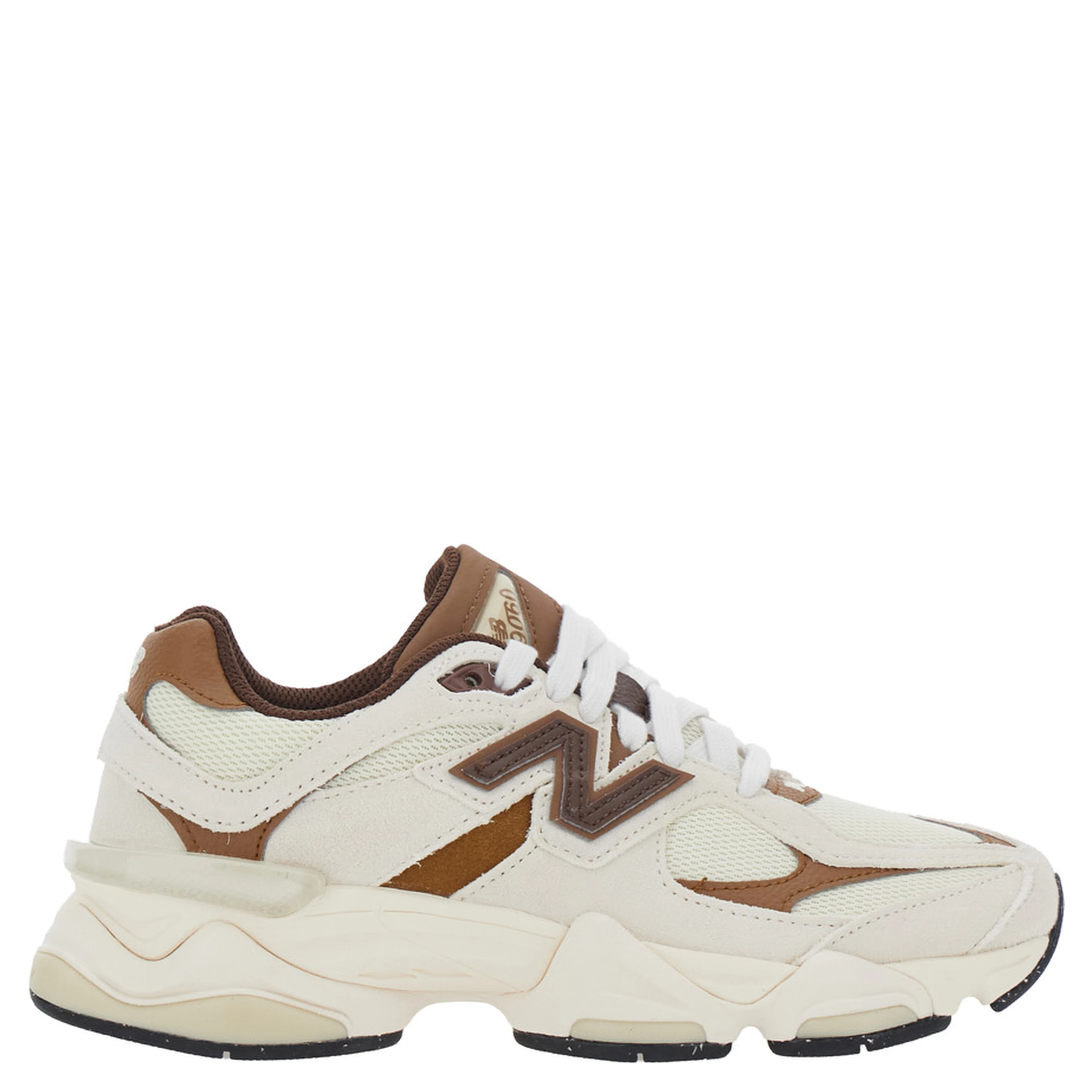 9060 Brown Low Top Sneakers with Side Logo Patch and Perforated Design in Leather and Fabric, Unisex