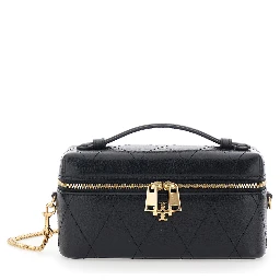 Charlie Black vanity case with Adjustable and Removable Shoulder Strap and Logo Plate on the Front in Quilted Leather for Women