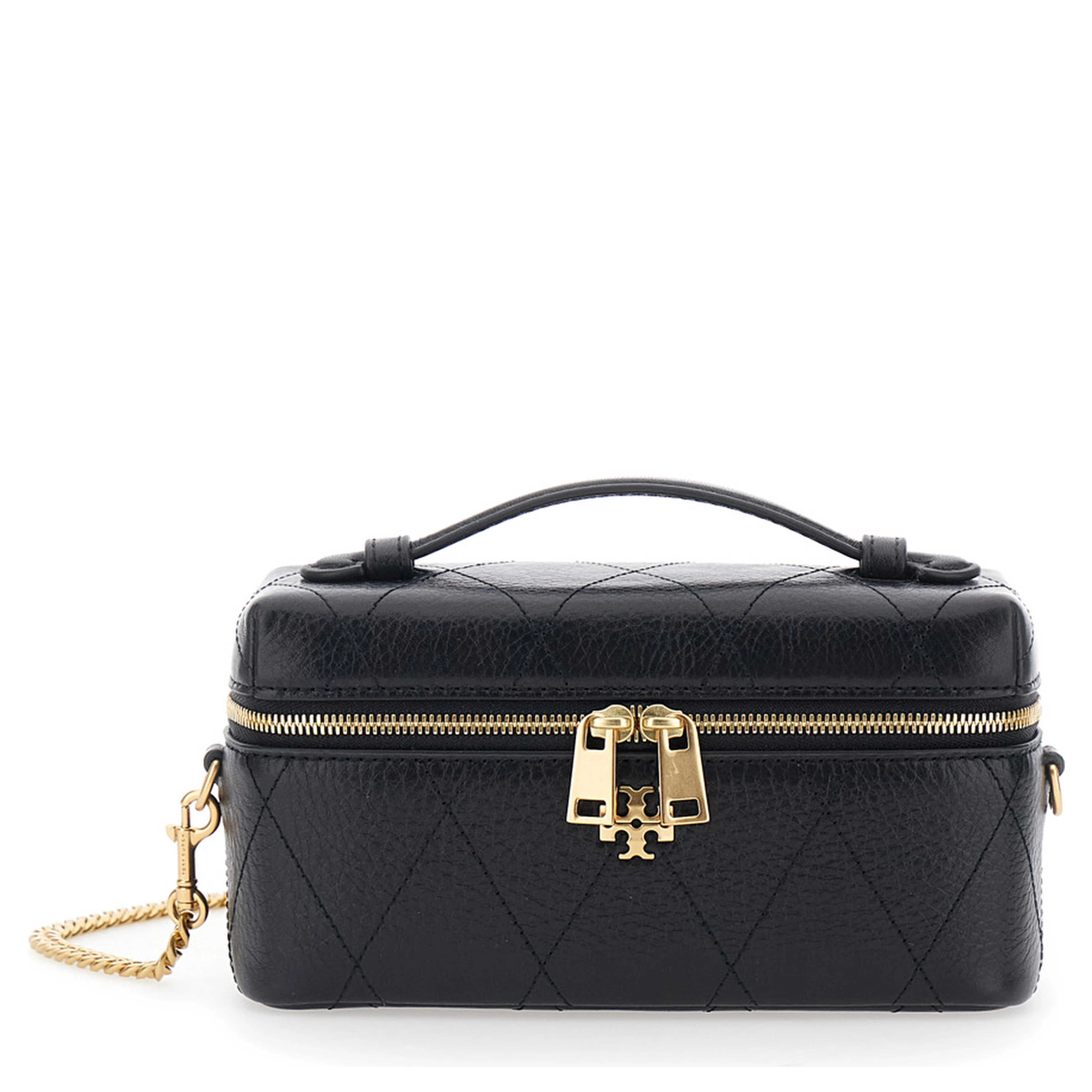 Charlie Black vanity case with Adjustable and Removable Shoulder Strap and Logo Plate on the Front in Quilted Leather for Women