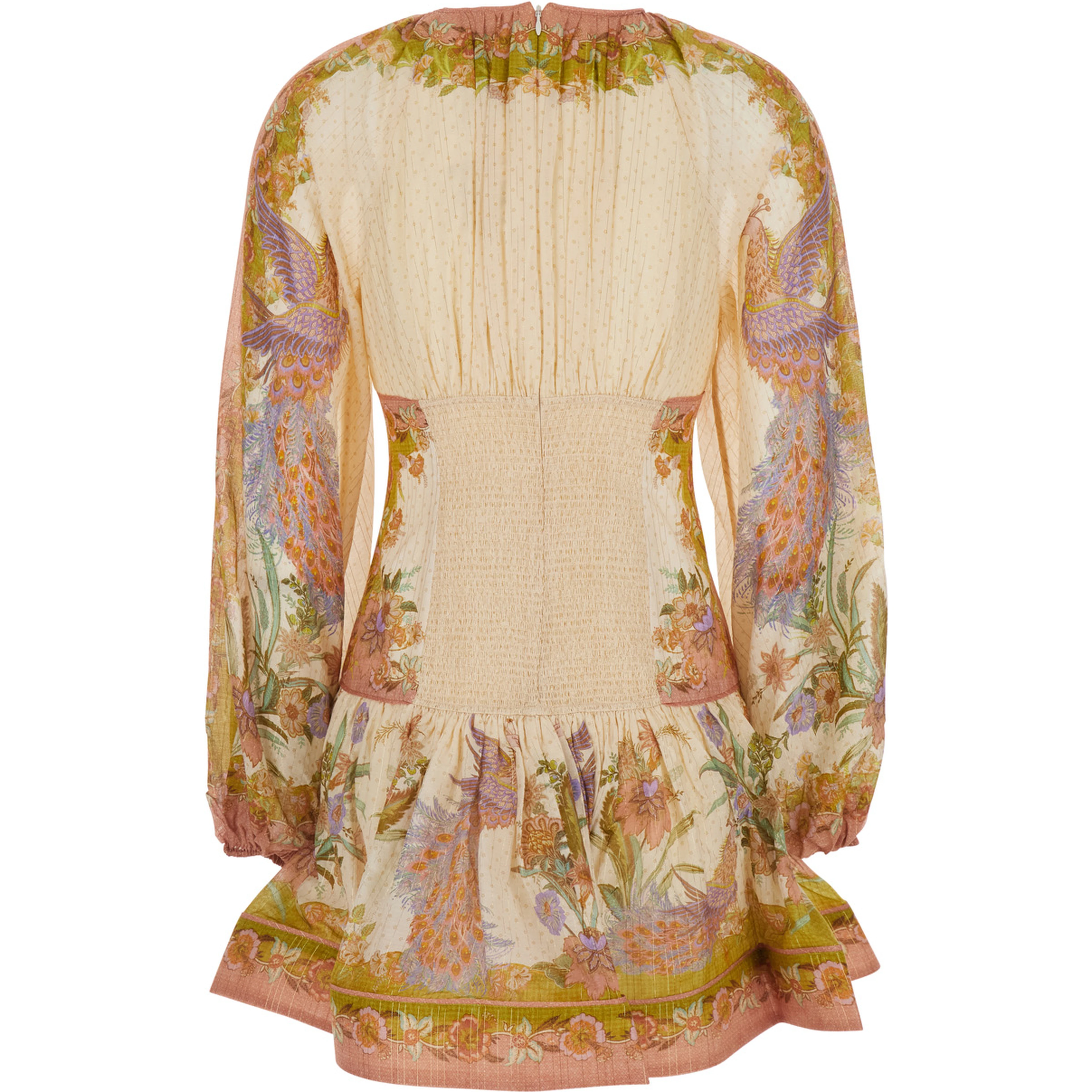 Indra Multicolor Crew Neck Mini Dress with Balloon Sleeves and All-Over Motif in Cotton Blend for Women