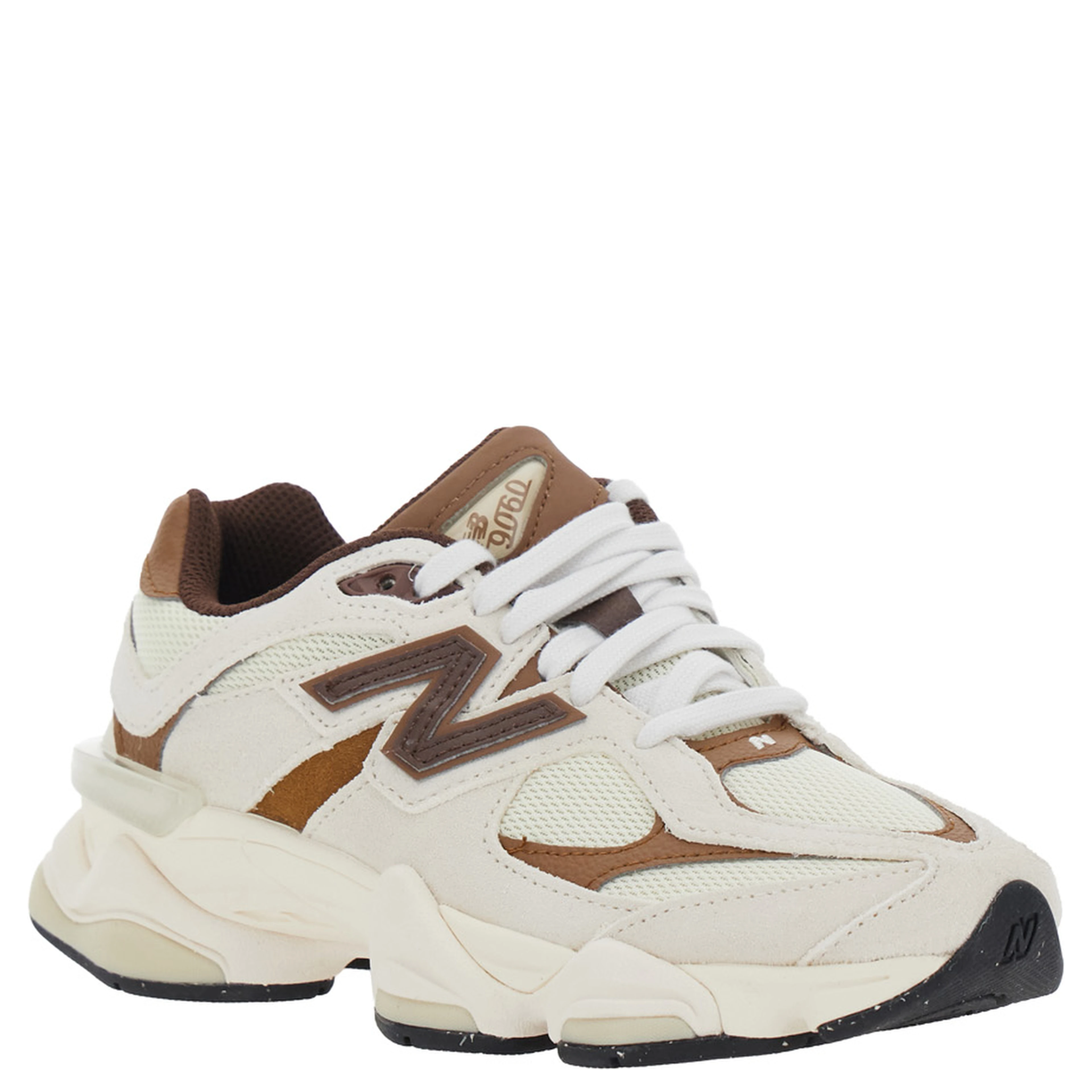 9060 Brown Low Top Sneakers with Side Logo Patch and Perforated Design in Leather and Fabric, Unisex