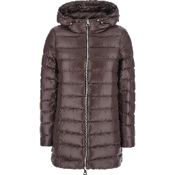 brown Down jacket with fixed hood and zip pockets in Tech Fabric woman