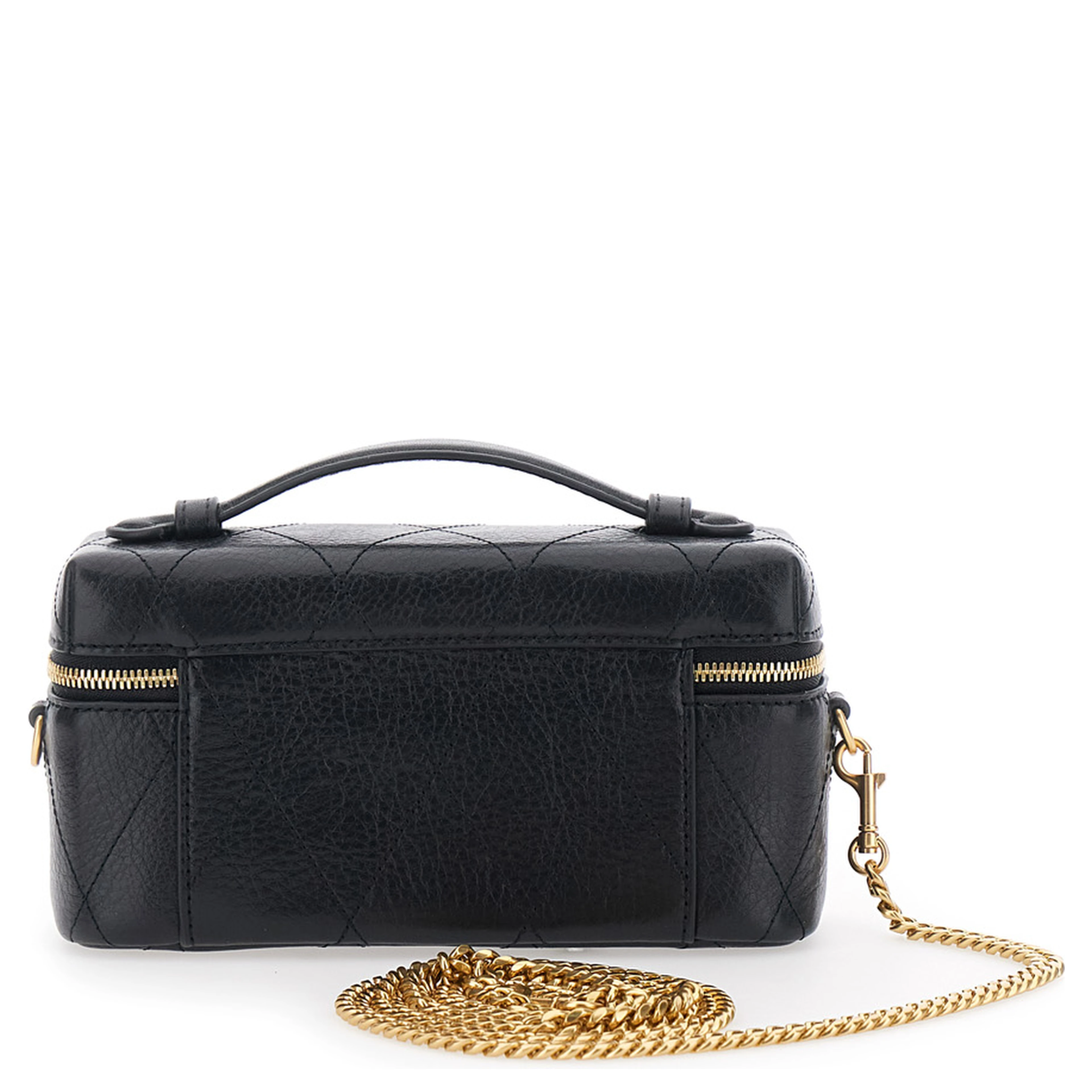 Charlie Black vanity case with Adjustable and Removable Shoulder Strap and Logo Plate on the Front in Quilted Leather for Women