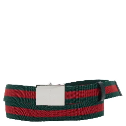 Green Belt with Web Motif and Logo Plaque on the Front in Web Canvas for Men