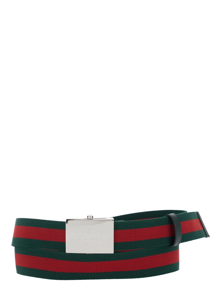 Green Belt with Web Motif and Logo Plaque on the Front in Web Canvas for Men