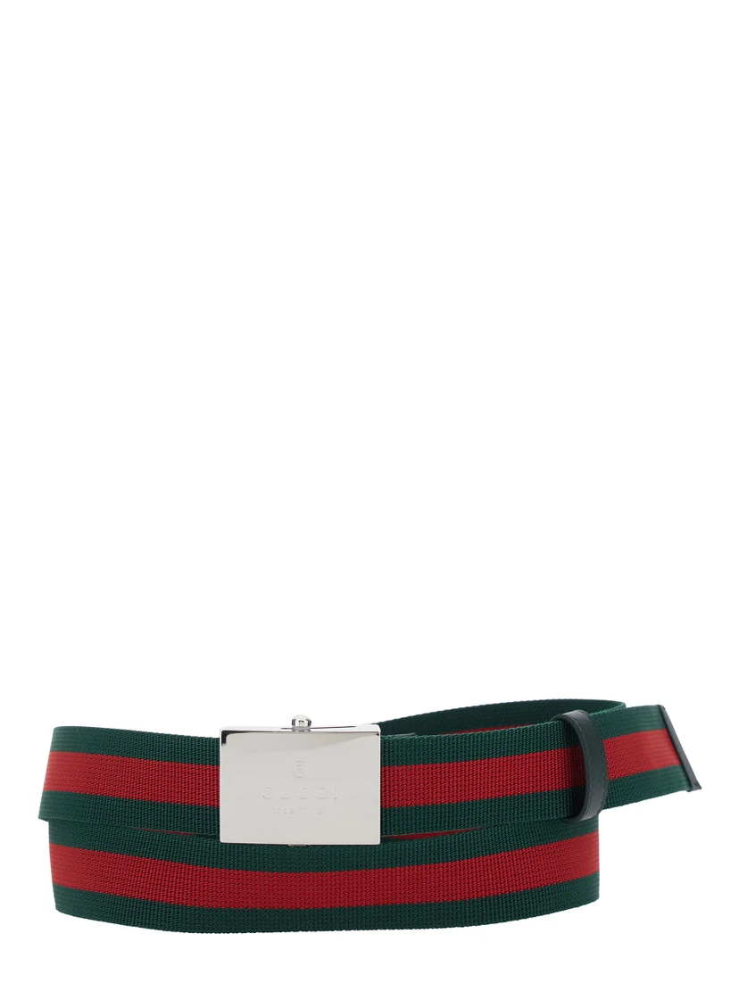 Green Belt with Web Motif and Logo Plaque on the Front in Web Canvas for Men