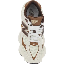 9060 Brown Low Top Sneakers with Side Logo Patch and Perforated Design in Leather and Fabric, Unisex