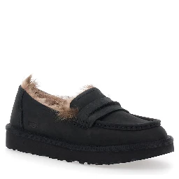 Ellis Black Loafers with rounded toe and embossed logo on the side in leather for women