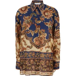 Aster Multicolor Shirt with Classic Collar and All-Over Print in Silk for Women
