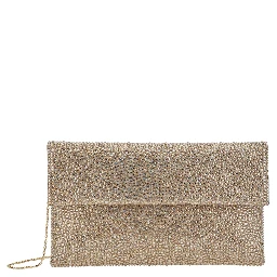 Clutch entirely covered in rhinestones with customized metal shoulder strap, metallic, woman