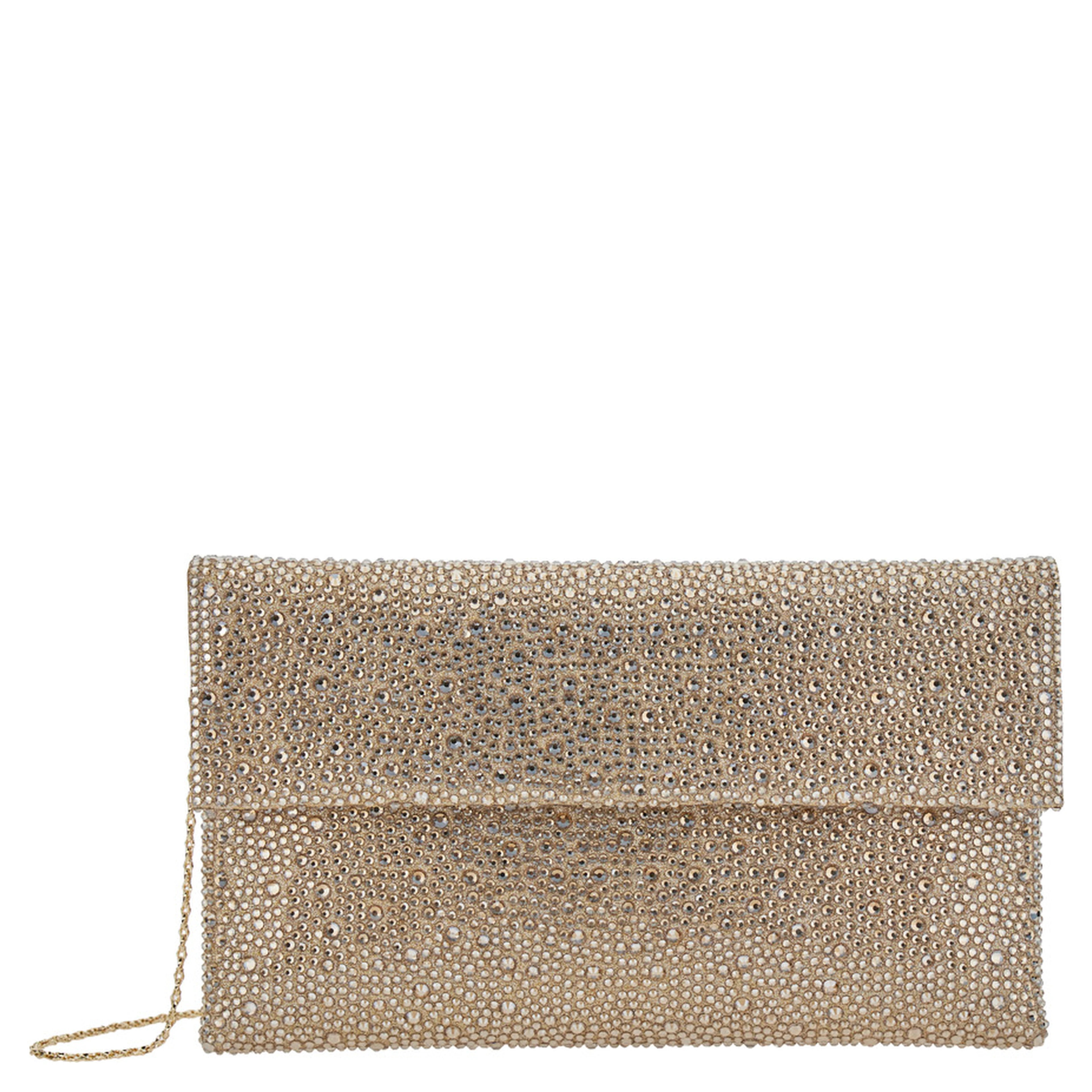 Clutch entirely covered in rhinestones with customized metal shoulder strap, metallic, woman