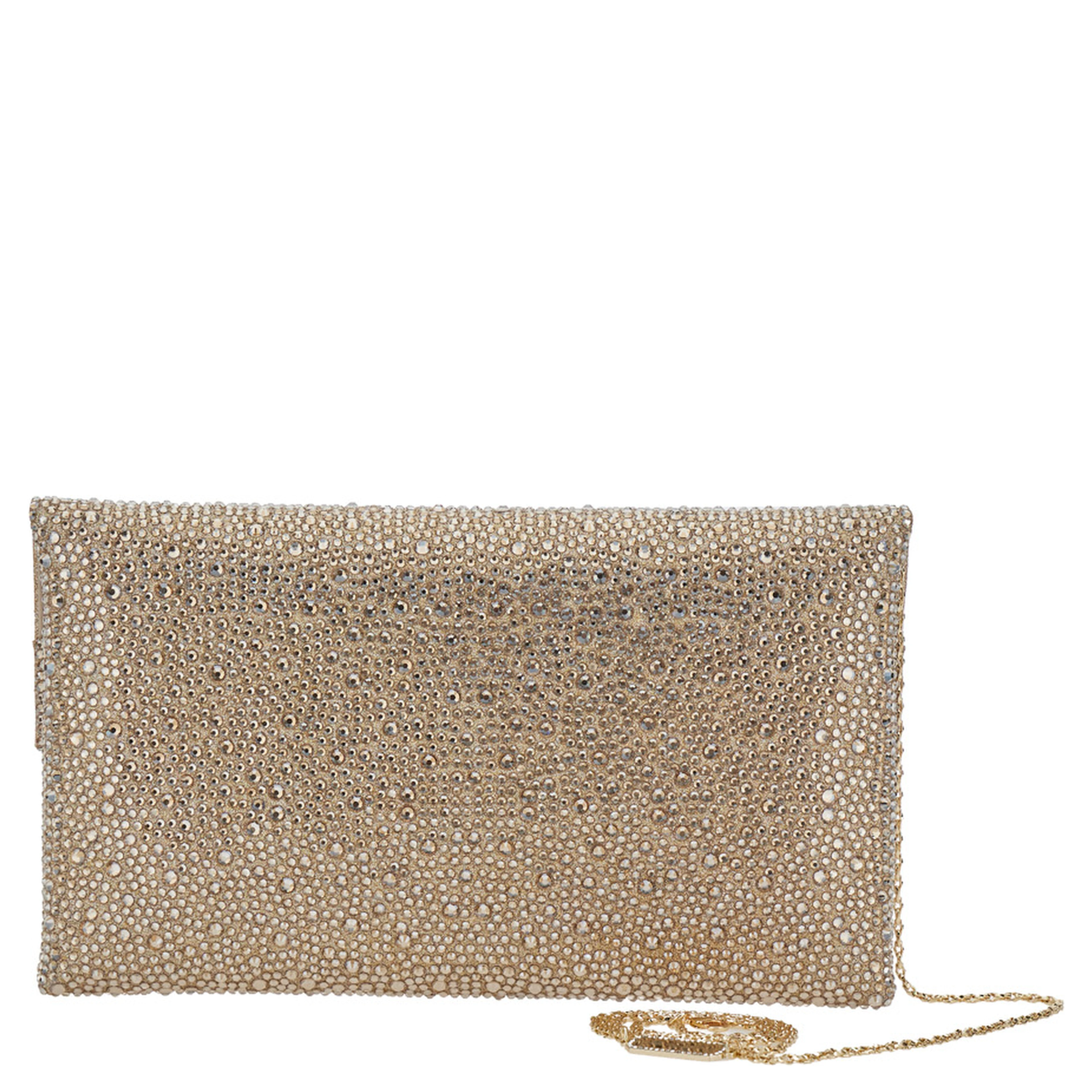 Clutch entirely covered in rhinestones with customized metal shoulder strap, metallic, woman