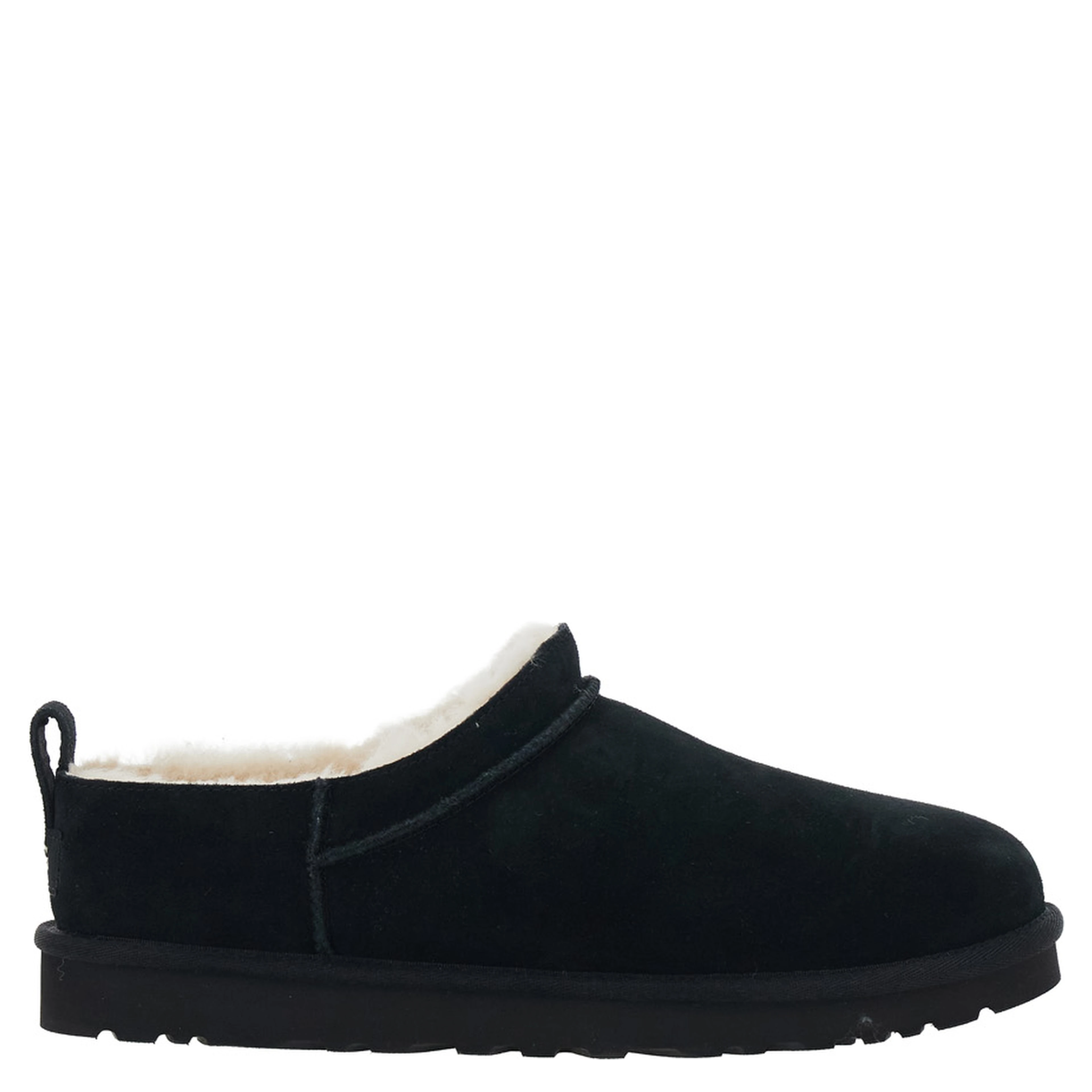 Black Mule with logo on the side and faux fur lining in suede for men