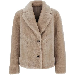Beige Shearling Coat with Notched Collar and Reversible Design in  Eco-Fur for Women