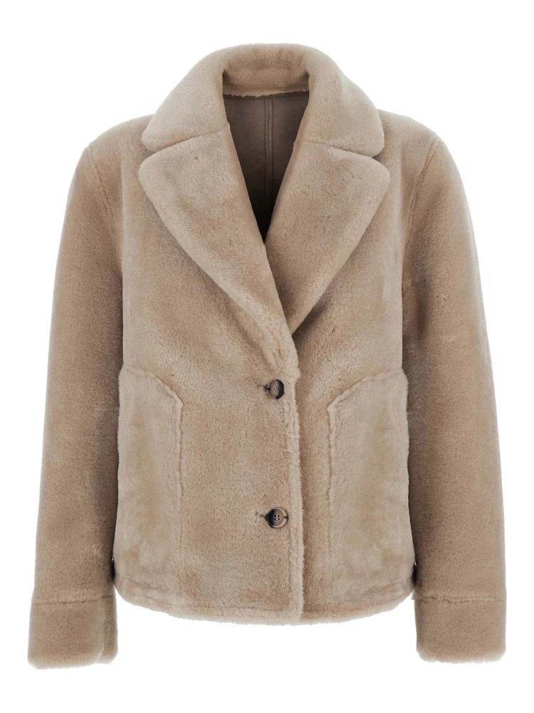 Beige Shearling Coat with Notched Collar and Reversible Design in  Eco-Fur for Women