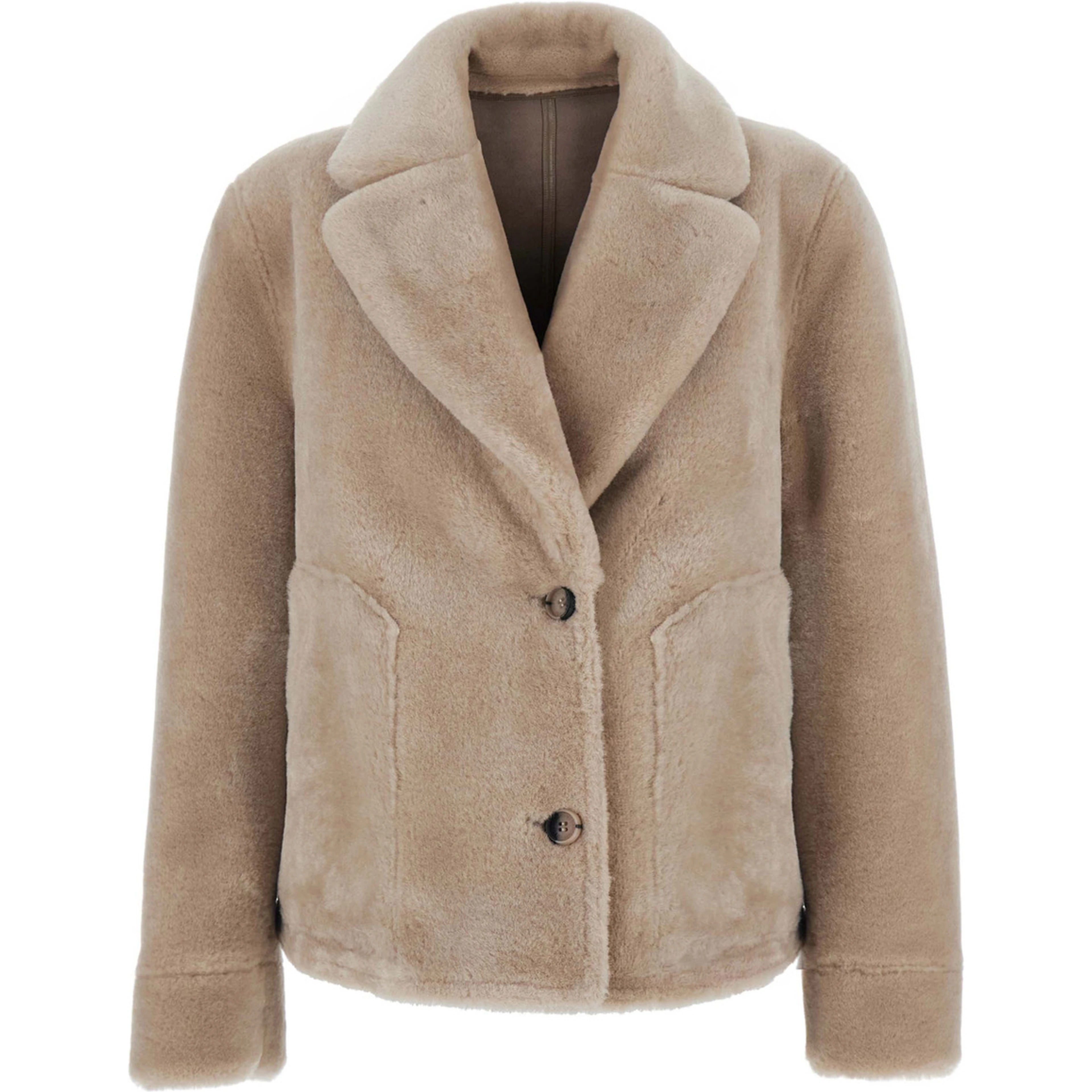 Beige Shearling Coat with Notched Collar and Reversible Design in  Eco-Fur for Women