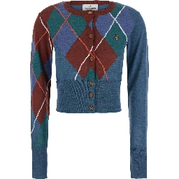 blue crop cardigan with Argyle motif and embroidered logo on the front in wool Women