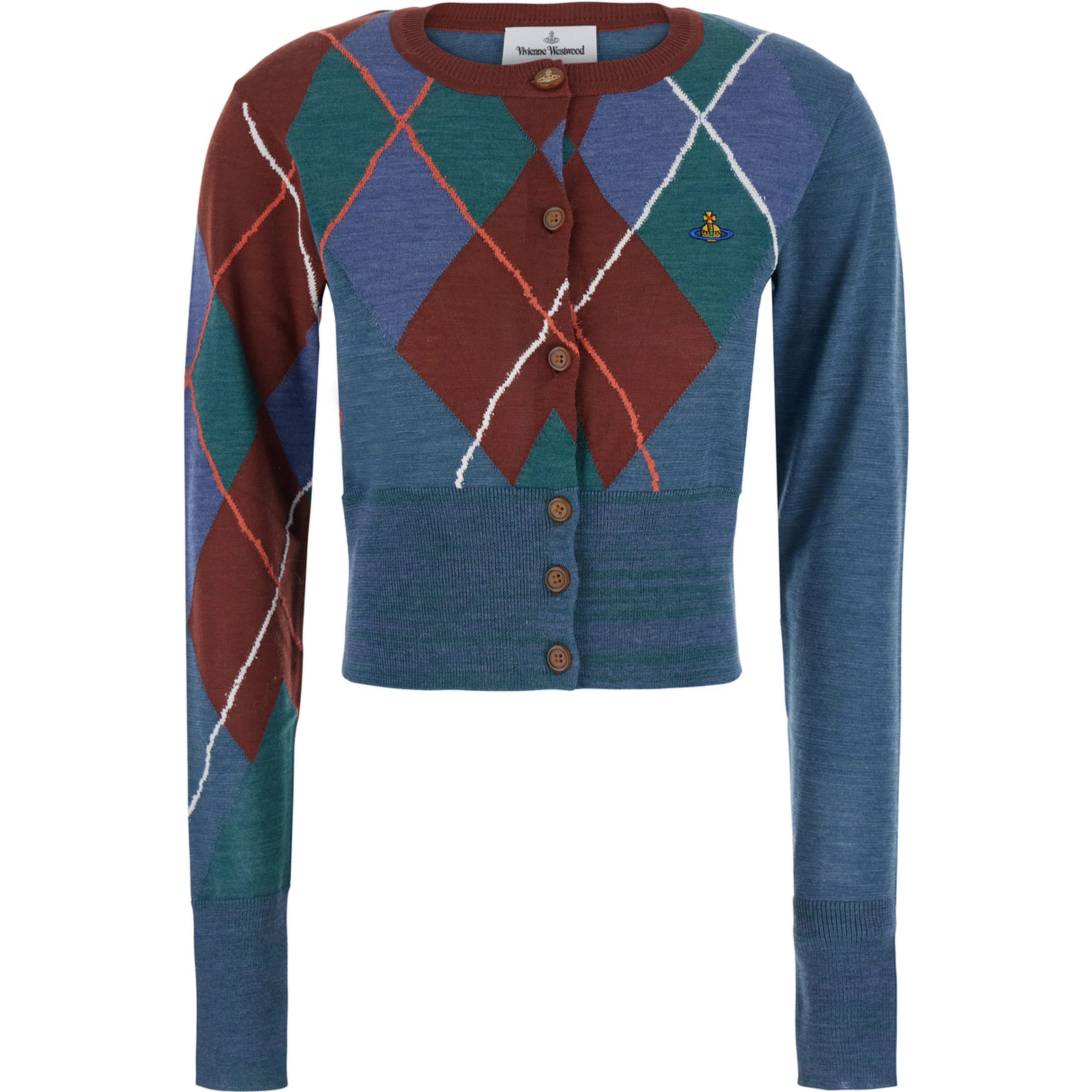 blue crop cardigan with Argyle motif and embroidered logo on the front in wool Women