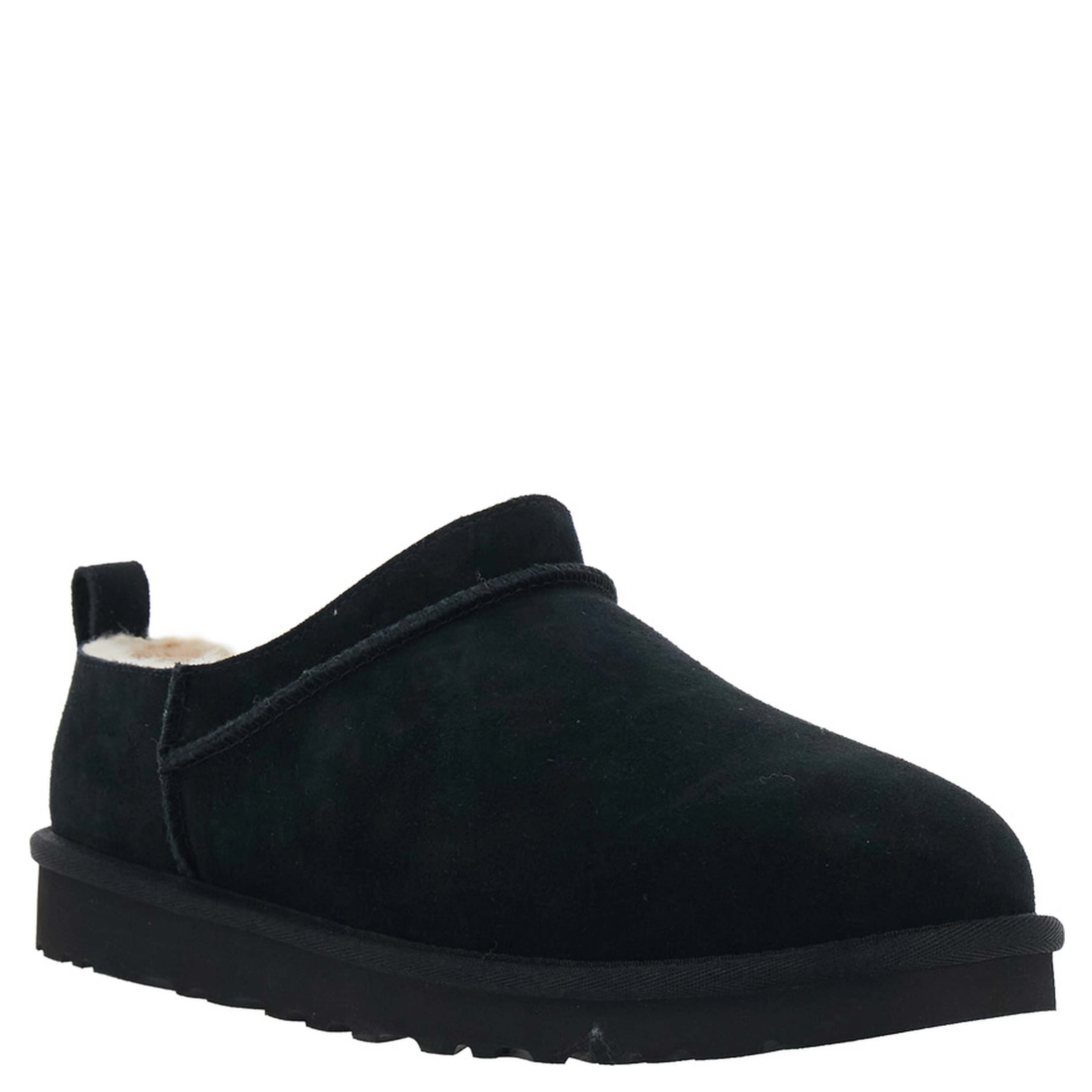 Black Mule with logo on the side and faux fur lining in suede for men