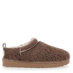 Brown Mules with logo patch on the side in fur for women