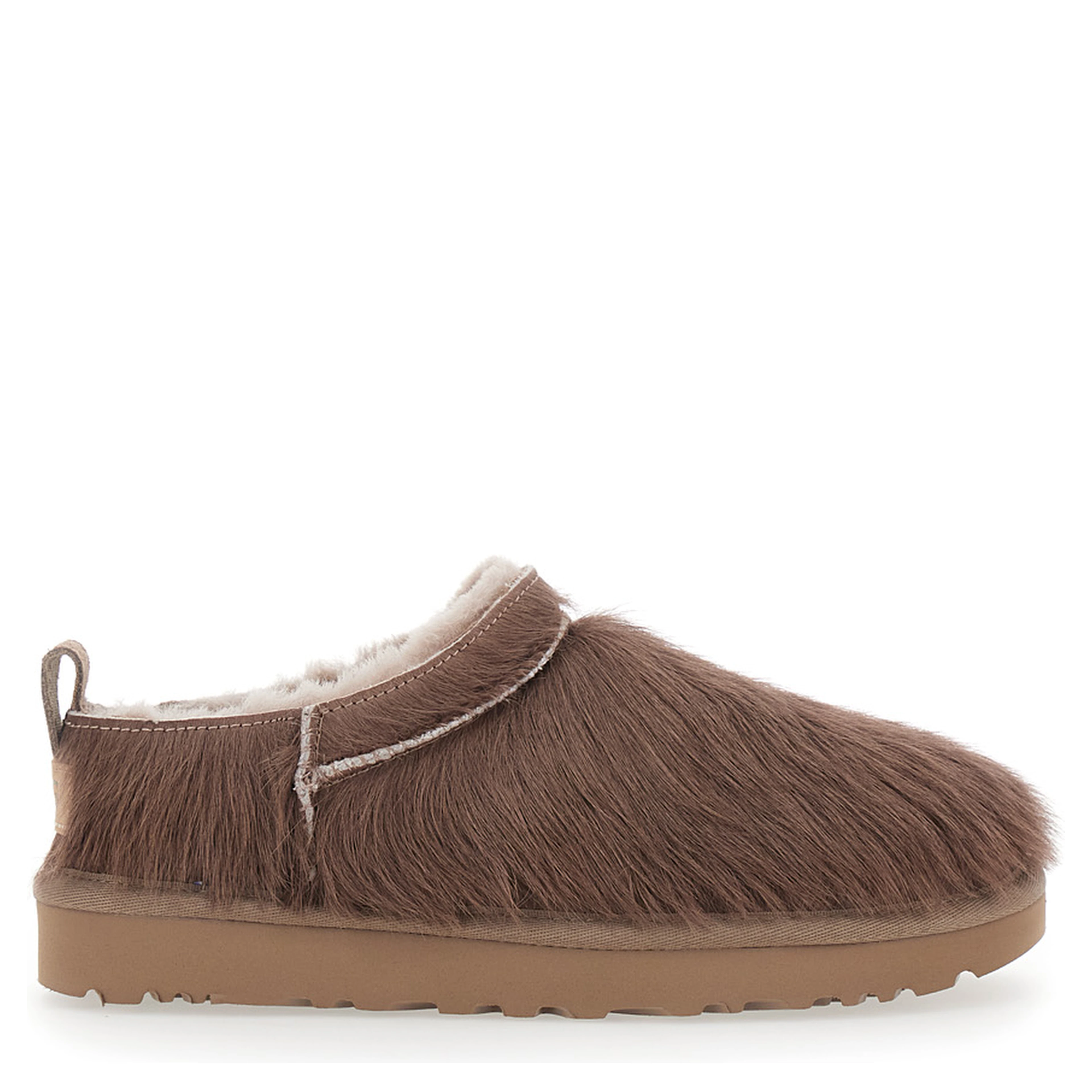 Brown Mules with logo patch on the side in fur for women