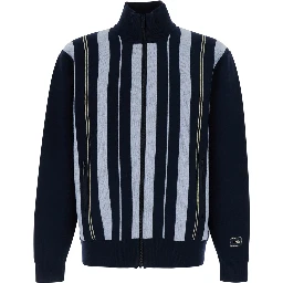 Blue Cardigan with all-over stripe motif in wool for men