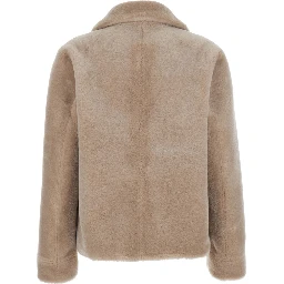 Beige Shearling Coat with Notched Collar and Reversible Design in  Eco-Fur for Women
