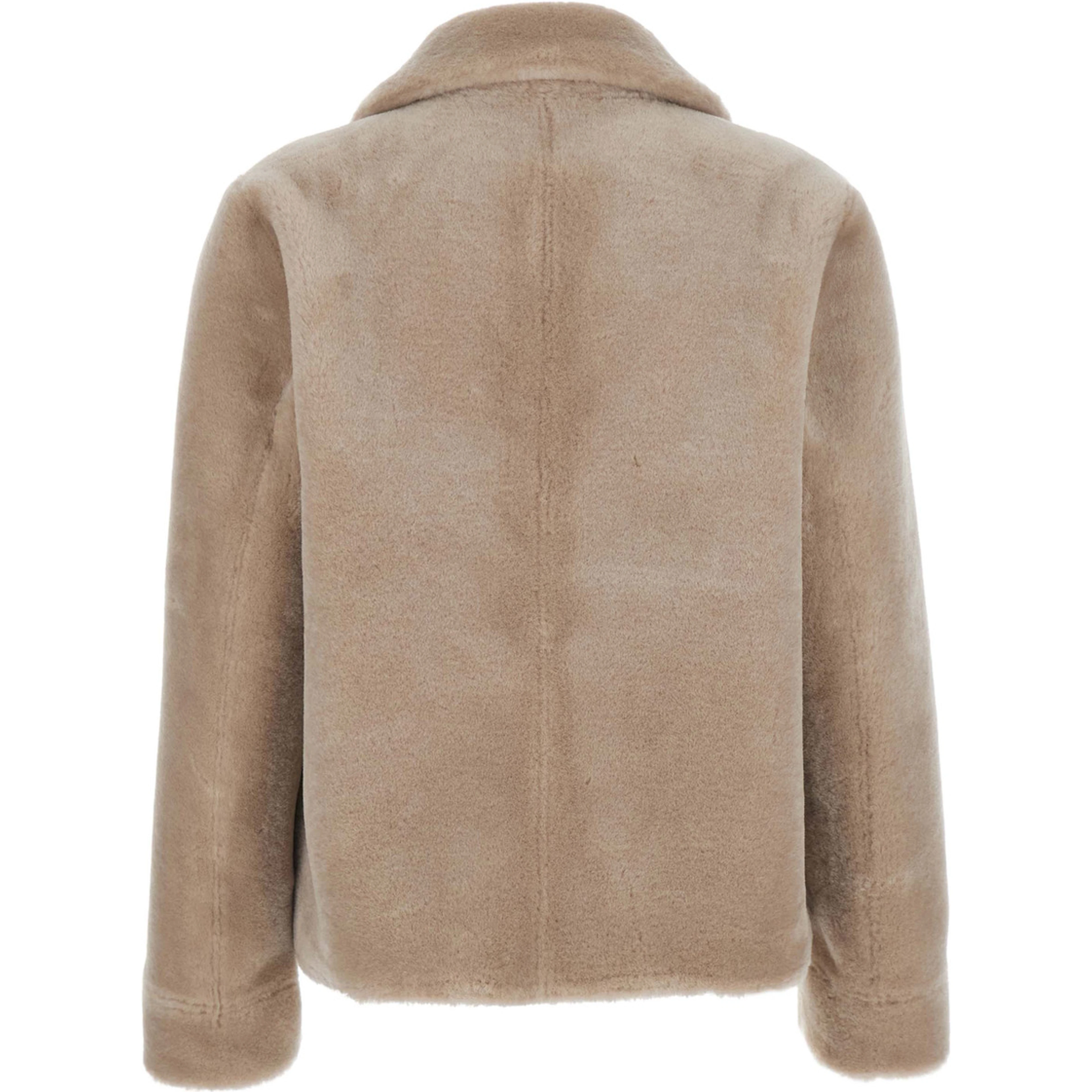 Beige Shearling Coat with Notched Collar and Reversible Design in  Eco-Fur for Women
