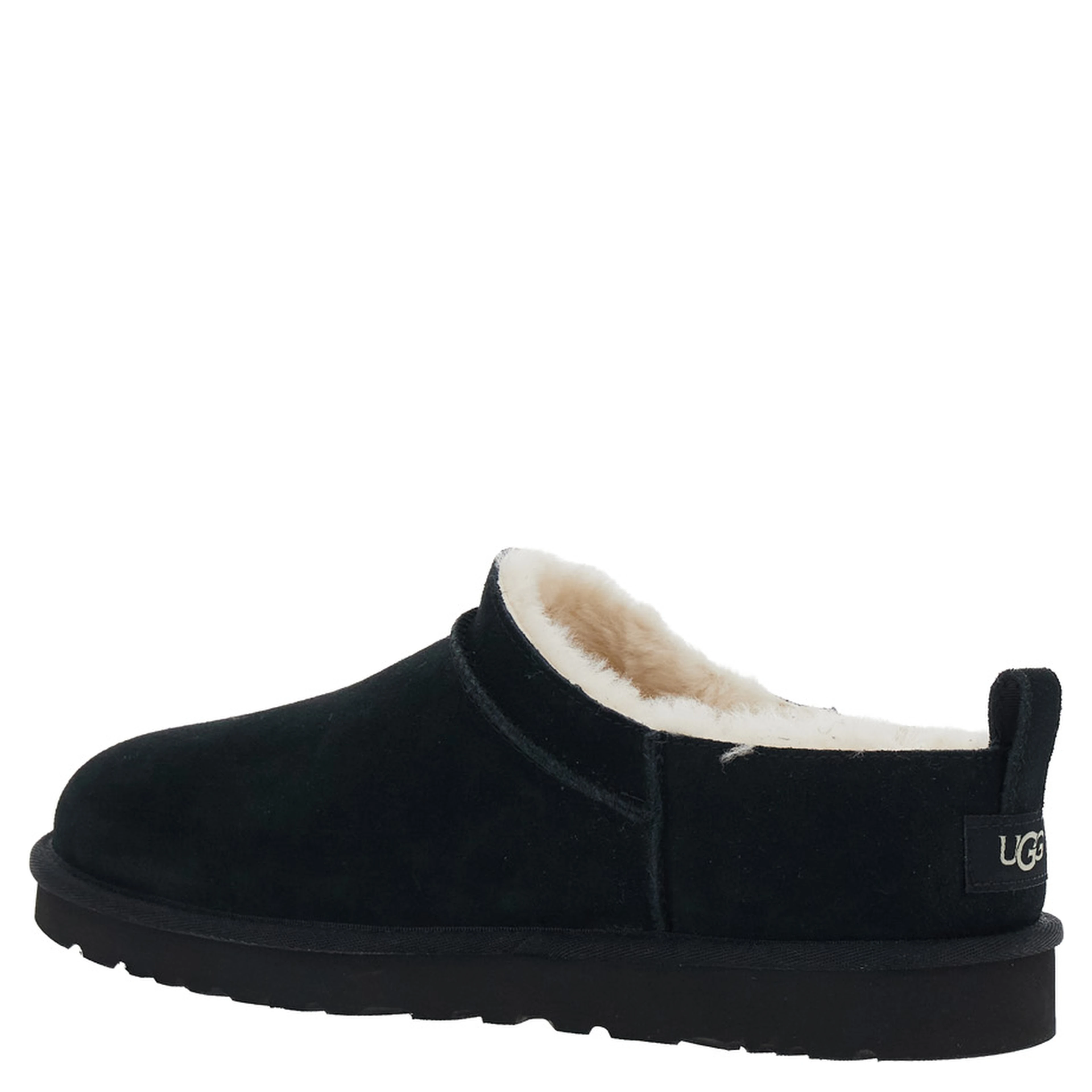 Black Mule with logo on the side and faux fur lining in suede for men