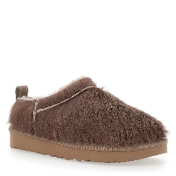 Brown Mules with logo patch on the side in fur for women