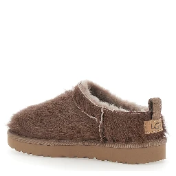 Brown Mules with logo patch on the side in fur for women