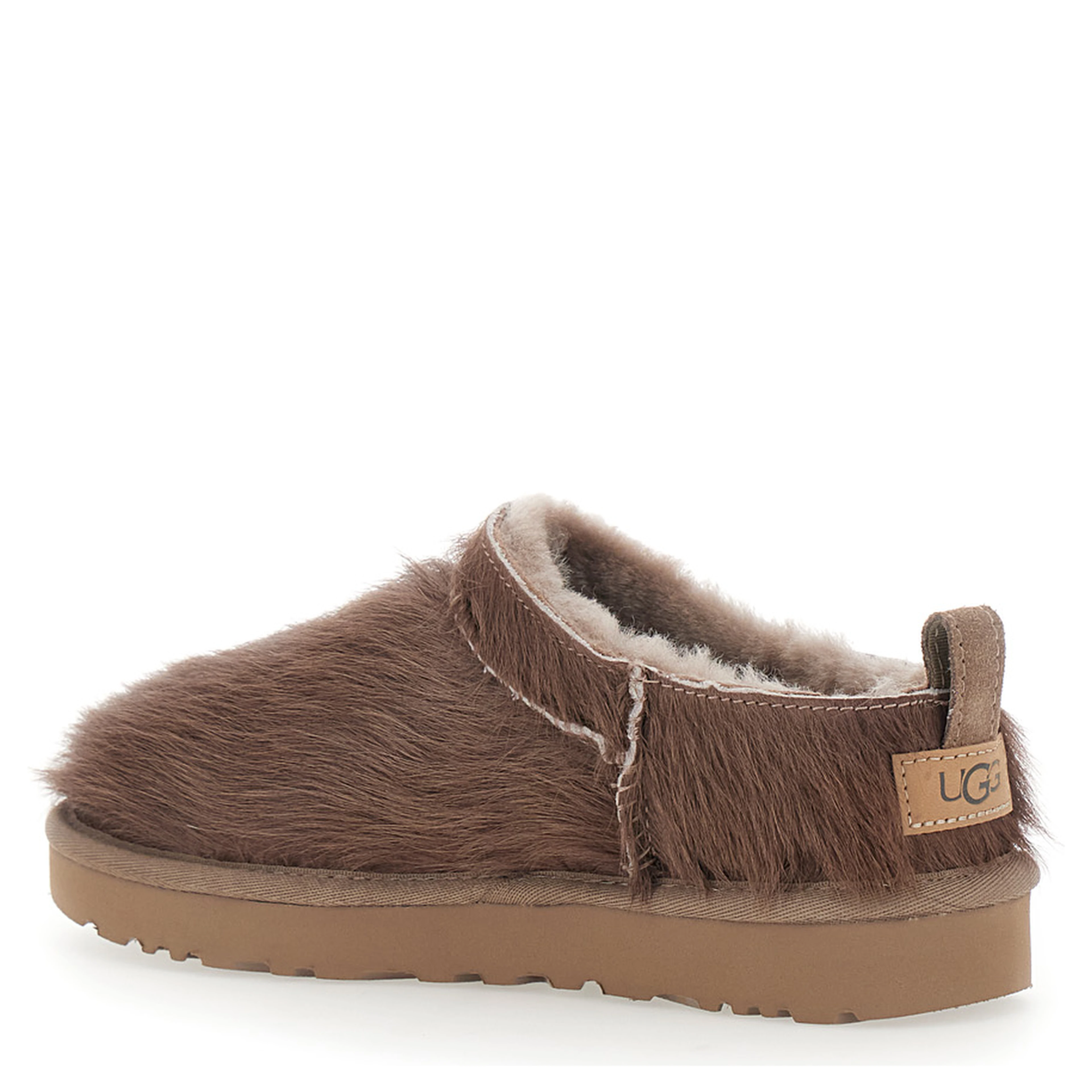 Brown Mules with logo patch on the side in fur for women