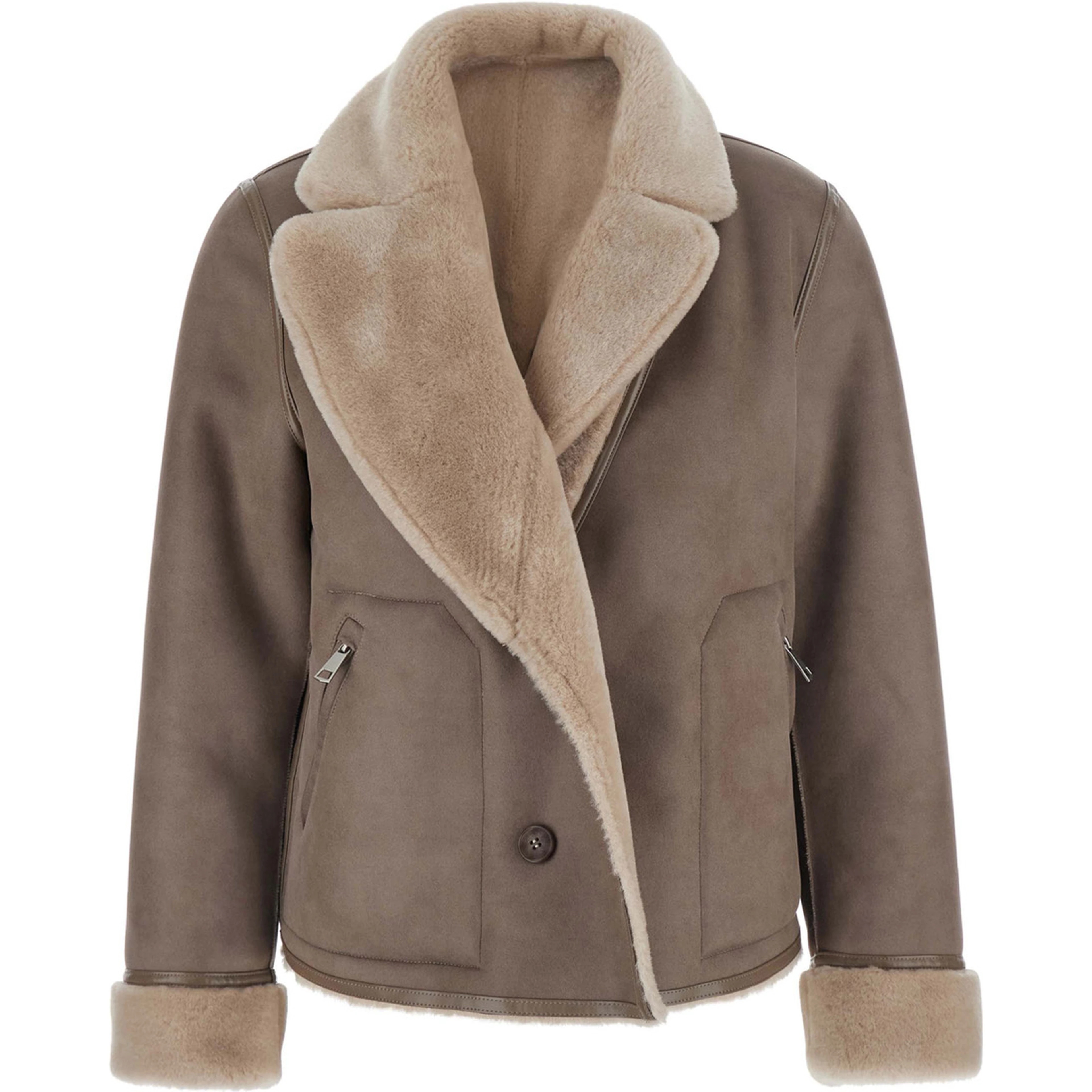 Beige Shearling Coat with Notched Collar and Reversible Design in  Eco-Fur for Women