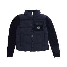 Blue Sweater with high collar and front logo patch in cotton and Tech Fabric Girl