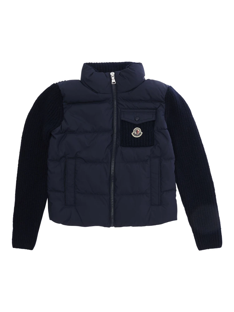 Blue Sweater with high collar and front logo patch in cotton and Tech Fabric Girl