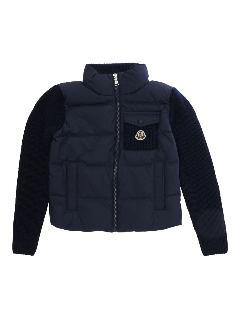 Blue Sweater with high collar and front logo patch in cotton and Tech Fabric Girl