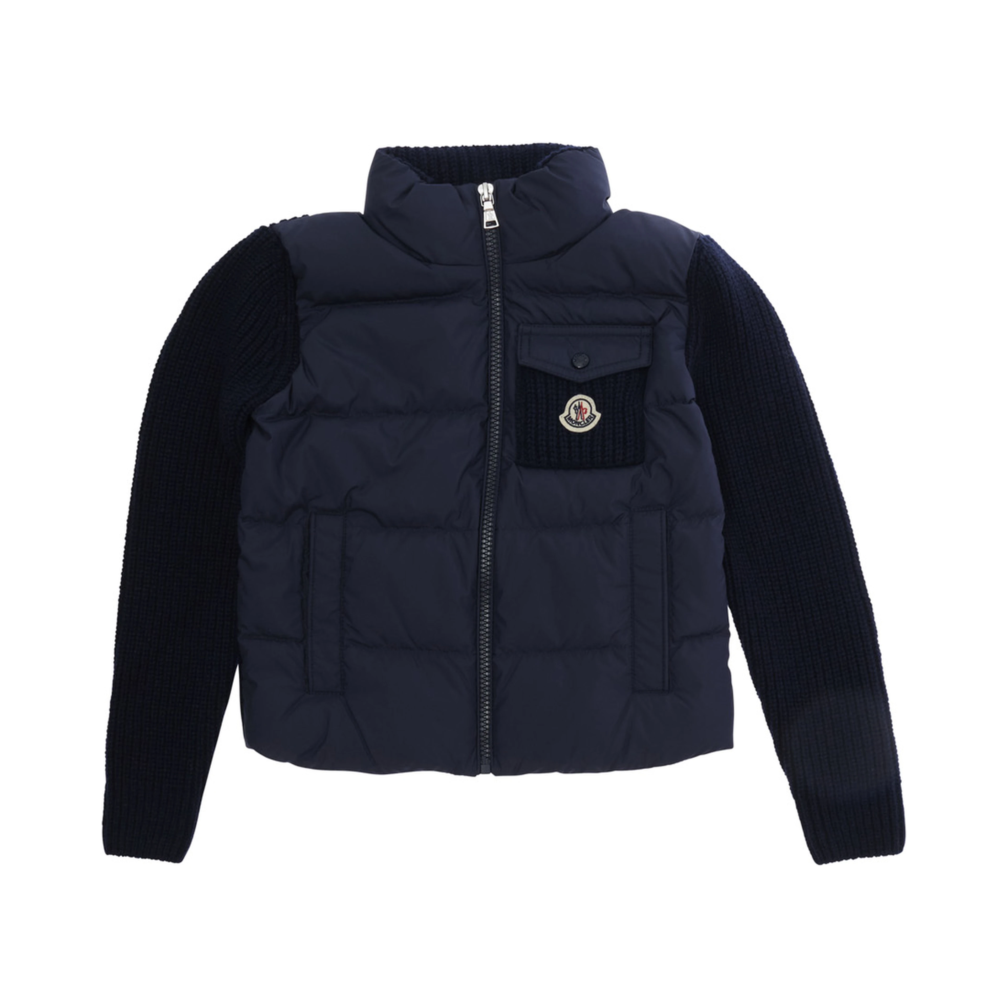 Blue Sweater with high collar and front logo patch in cotton and Tech Fabric Girl