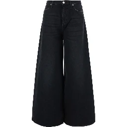 Black Jeans with Logo Patch on the Back and Wide Leg in Denim for Women
