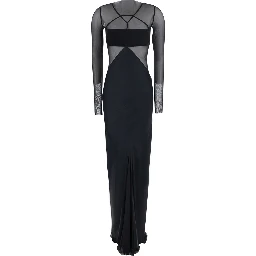 Black Long dress with Boat neckline and geometric seams in wool for women