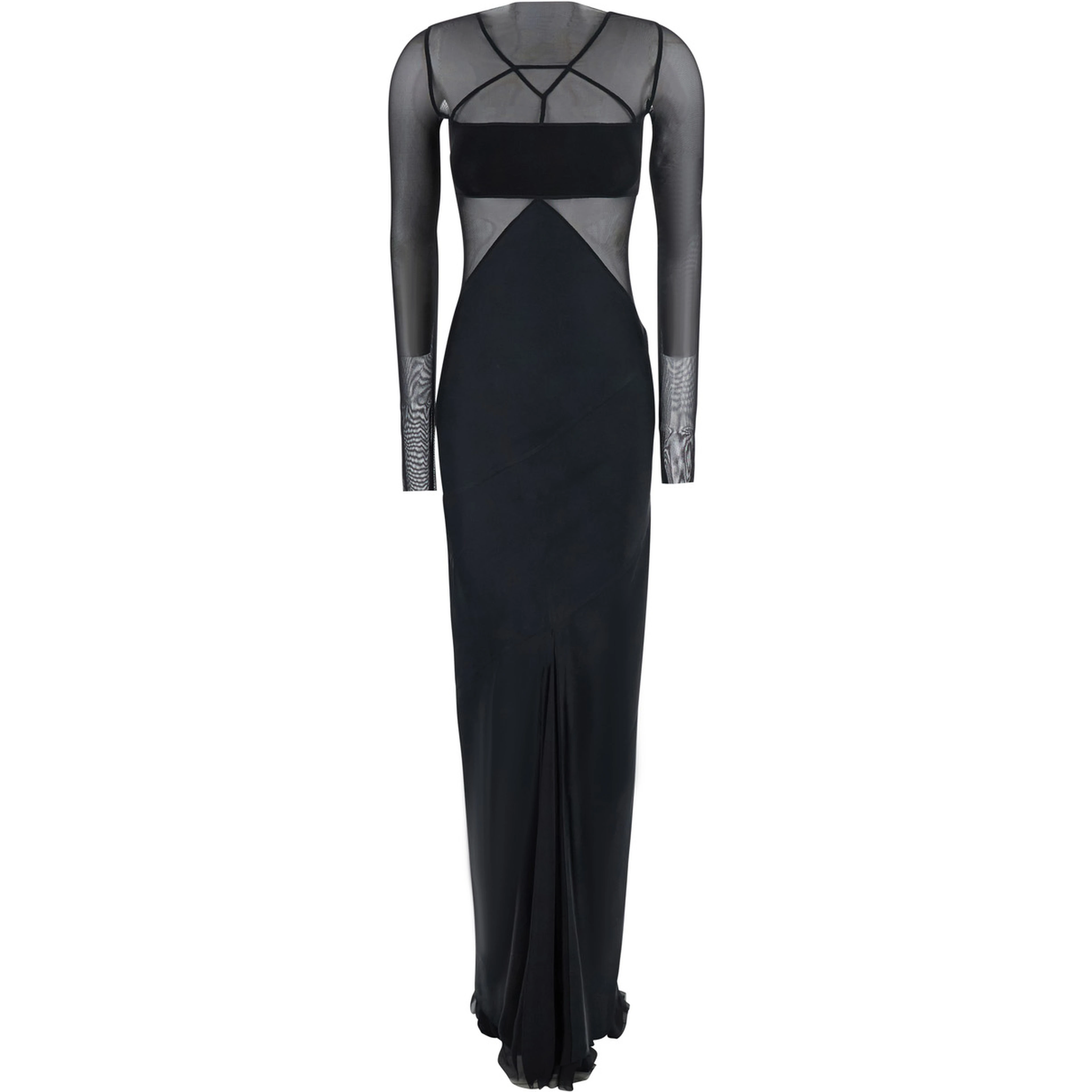 Black Long dress with Boat neckline and geometric seams in wool for women