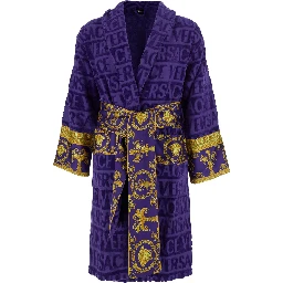 purple Bathrobe with Baroque print and all-over logo in cotton home