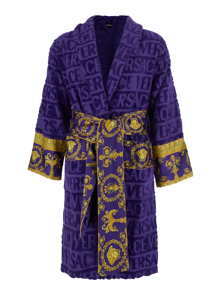 purple Bathrobe with Baroque print and all-over logo in cotton home