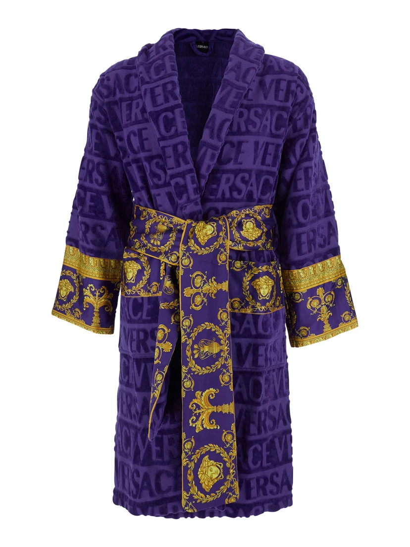 purple Bathrobe with Baroque print and all-over logo in cotton home