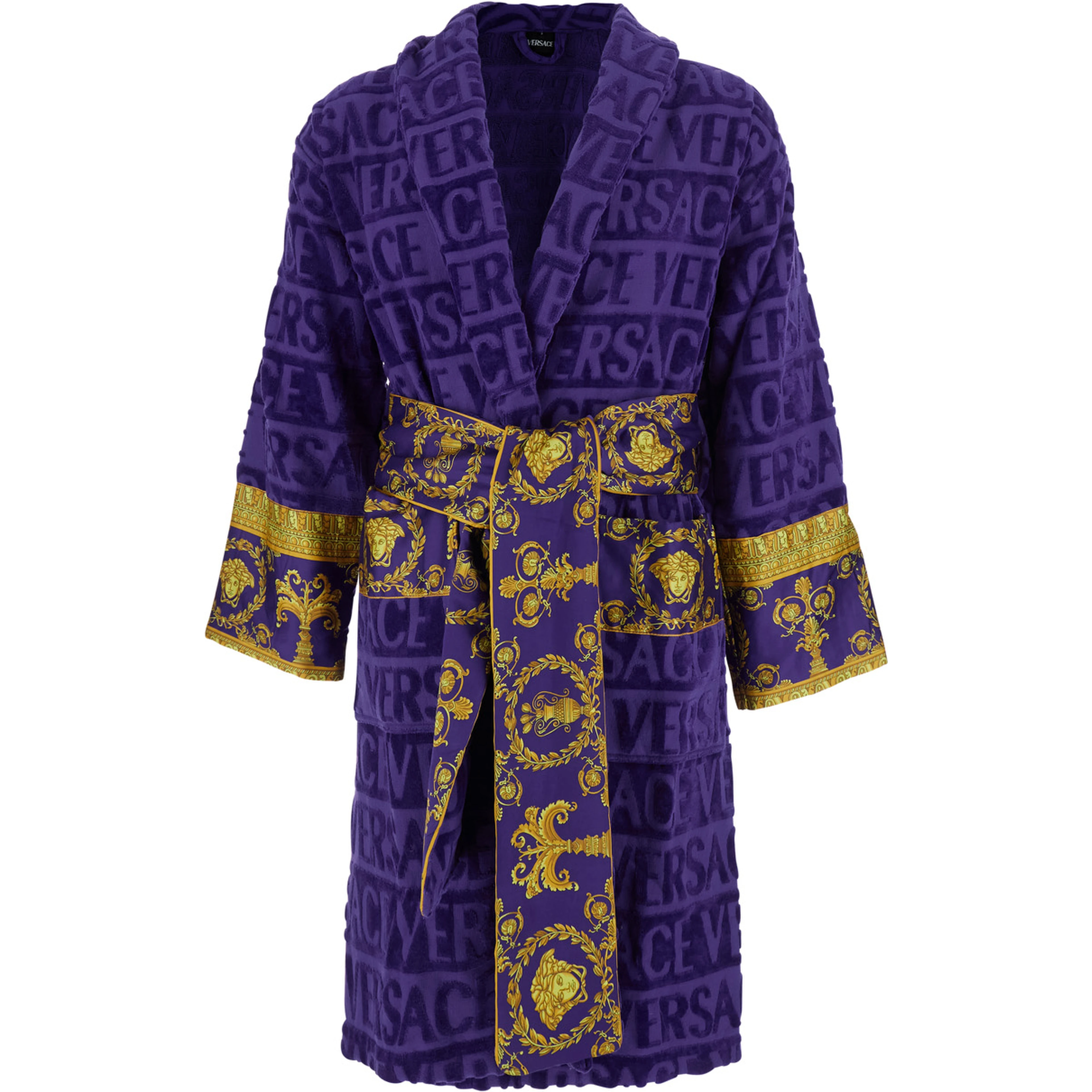 purple Bathrobe with Baroque print and all-over logo in cotton home