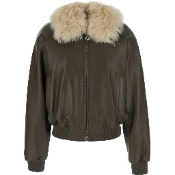 Green Bomber jacket with removable fur collar in leather for women