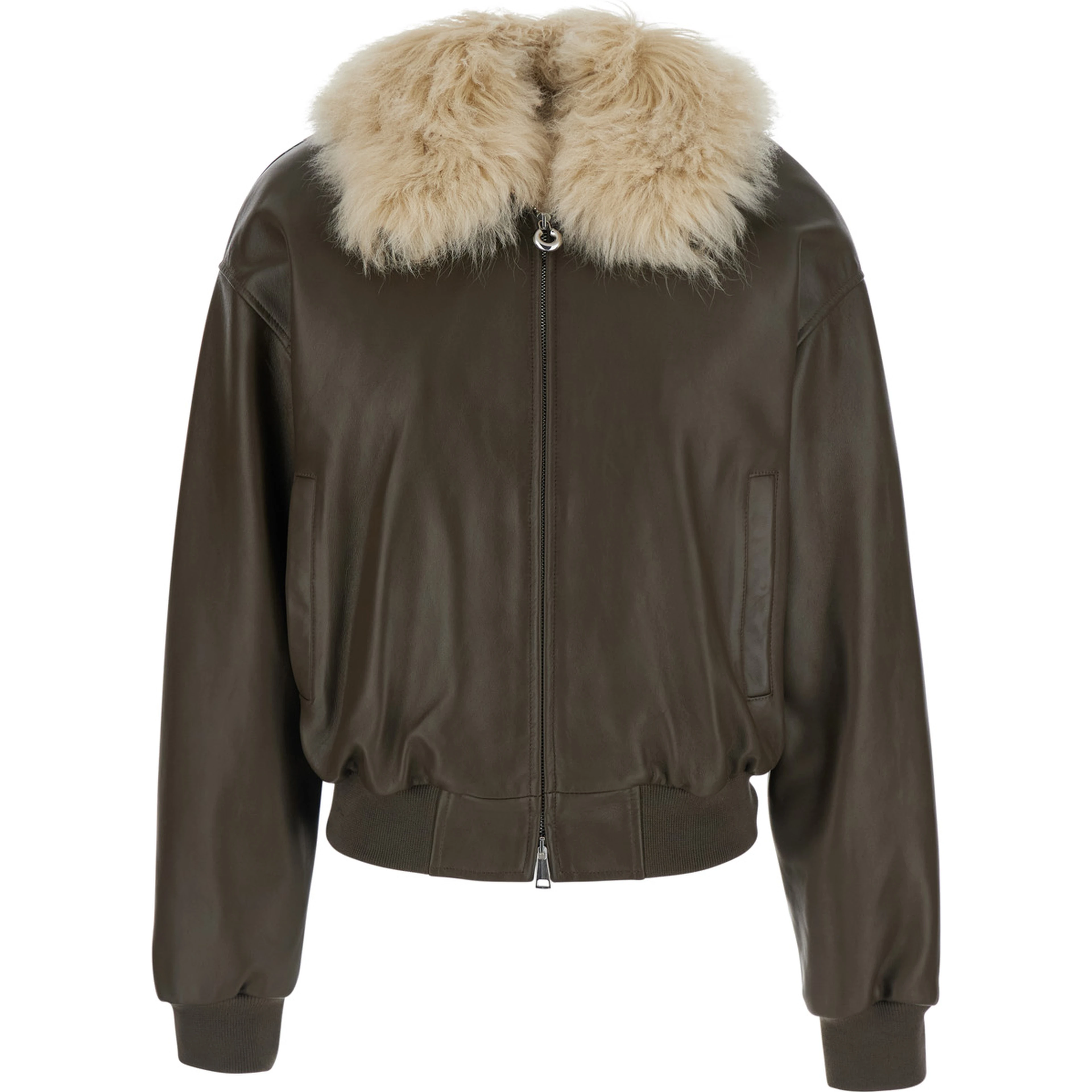 Green Bomber jacket with removable fur collar in leather for women