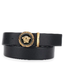 Black Belt with Medusa Buckle and Metal Loop in Leather for Men