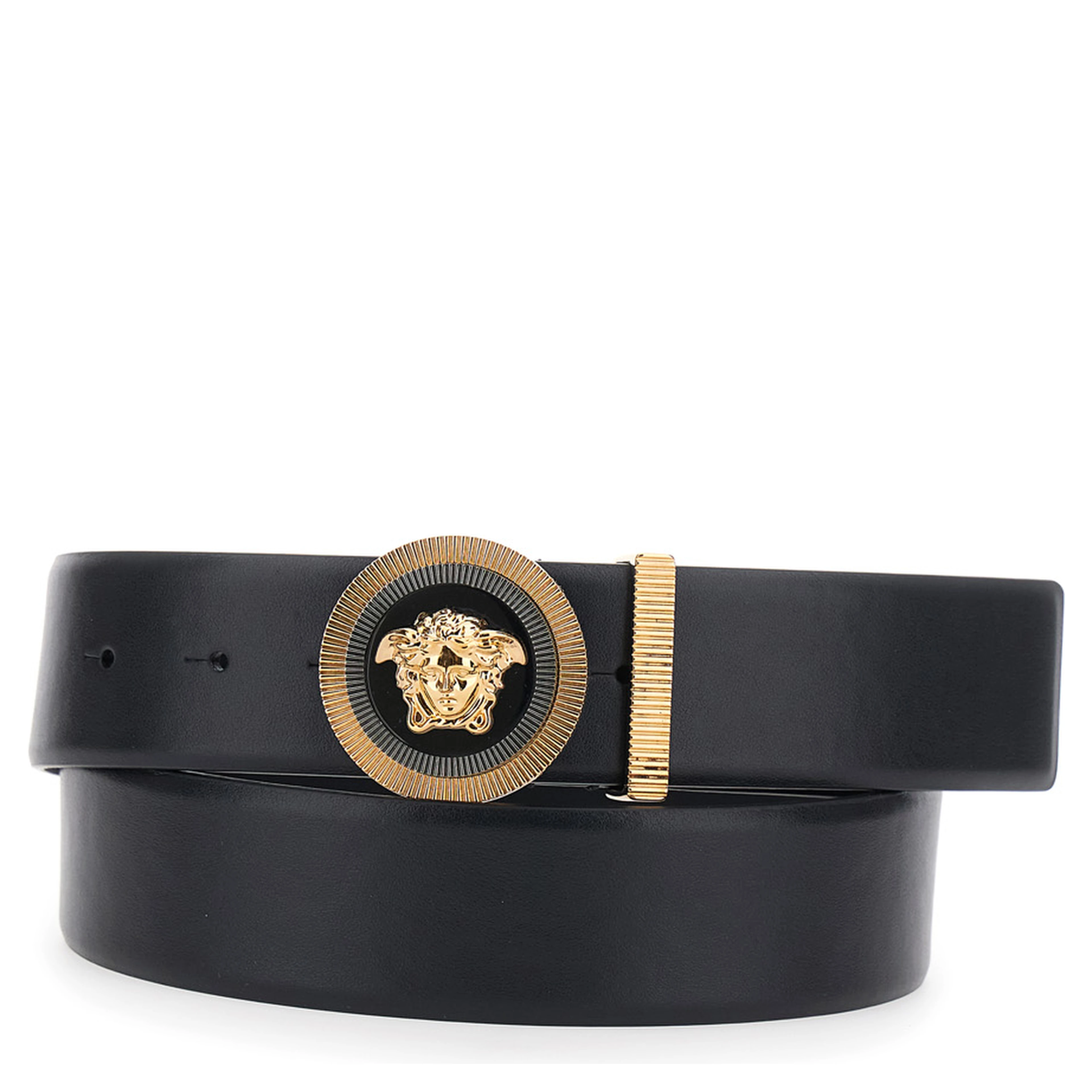 Black Belt with Medusa Buckle and Metal Loop in Leather for Men