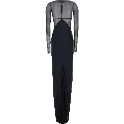 Black Long dress with Boat neckline and geometric seams in wool for women